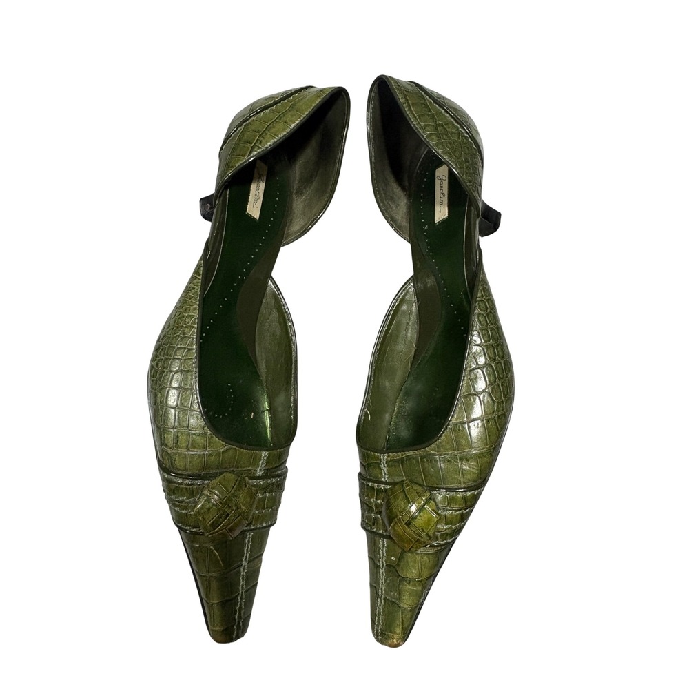 Garolini Vintage Olive Green Croc Embossed Leather Kitten Heels 8 Pointed Toe